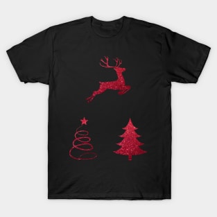 Red Faux Glitter Christmas Trees and Reindeer Pack T-Shirt